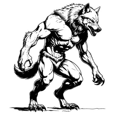Fantezi boyama sayfaları için tasarlanmış yoğun kurt adam illüstrasyonu karanlık mitoloji sanatı ve yaratıcı ifade