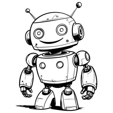 Neşeli gülümseyen robot çizimi eğlenceli boyama kitapları, teknoloji temaları ve yaratıcı projeler için yaratıldı.