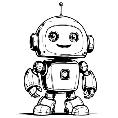 Çocuk boyama aktiviteleri için tasarlanmış mutlu ayakta robot çizimi karakter öğrenme ve yaratıcı eğlence