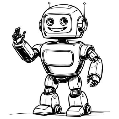 Çocuklar için tasarlanmış dost canlısı robot maskot çizimi. Kitapları boyamak, yaratıcılık ve öğrenme aktiviteleri.