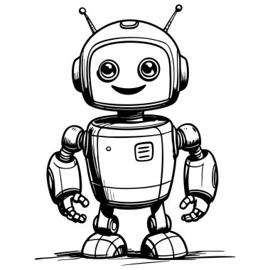 Çocuklar için çizilmiş gülümseyen robot çizgi film çizimleri yaratıcı kitaplar ve teknoloji temaları.