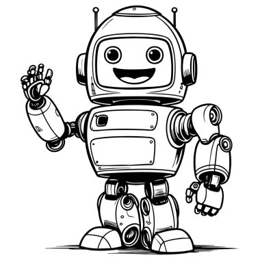 Renkli sayfalar için yaratılmış neşeli robot el sallaması çizimleri yaratıcılık ve oyuncu öğrenme