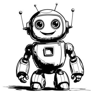 Çocuklar için sevimli gülümseyen robot maskotu çizimi kitapları boyamak yaratıcı eğlence ve teknoloji hayal gücü