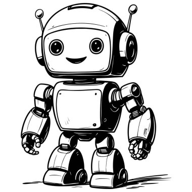 Sevimli robot ayakta durarak, yazdırılabilir çarşafları boyamak için uygun bir çizgi çizimi yapıyor.