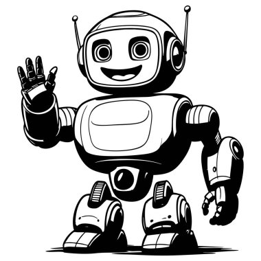 Neşeli robot karakter ayakta duruyor ve sallıyor. Sayfaları boyamak için ideal siyah beyaz çizim.