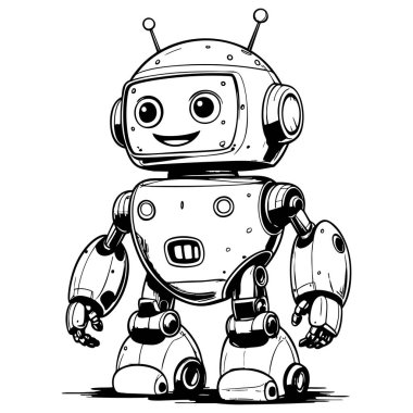 Gülümseyen robot duruşu. Çocuk boyama ve öğrenme faaliyetleri için kusursuz bir taslak çizimi.