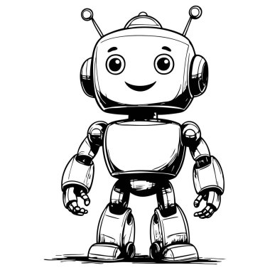 Dost canlısı robot basit şekillerle ayakta duruyor. Sayfaları boyamak için mükemmel siyah beyaz çizim.