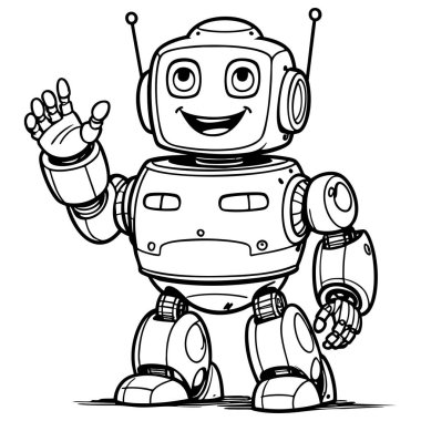 Neşeli robot el sallıyor çocuk kitapları boyamak için tasarlanmış cesur taslak çizimi
