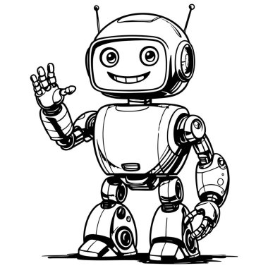 Mutlu robot el sallaması ve temiz çizgi çizimi çocuk boyama sayfaları için mükemmel.