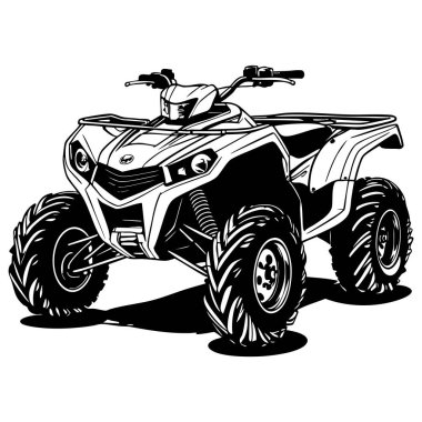 Kalın lastikli, koyu renkli, koyu beyaz renkli, engebeli dört tekerlekli bisiklet.