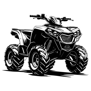 Powerful all terrain vehicle with bold design and rugged tires illustrated in black white style
