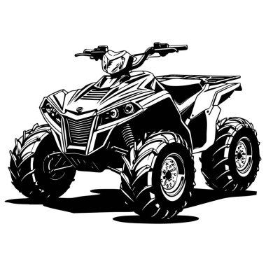 Modern spor dörtlü bisiklet, agresif duruşu, temiz siyah beyaz stilinde.