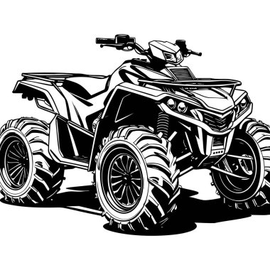Kalın lastikli dört tekerlekli arazi bisikleti baskı ve renklendirme için koyu siyah beyaz çizim