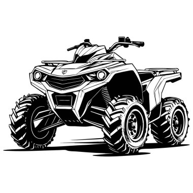 Detaylı süspansiyonlu güçlü ön açılı dörtlü bisiklet ve sağlam off-road lastikleri.