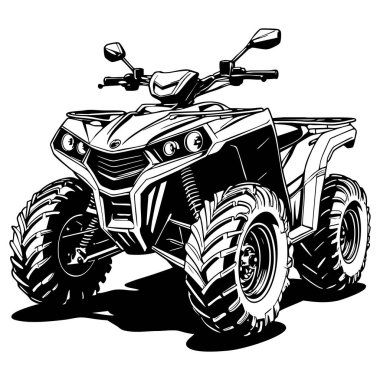 Keskin vücut hatları koyu siyah beyaz tarzıyla gösterilen modern arazi dörtlü bisikleti.