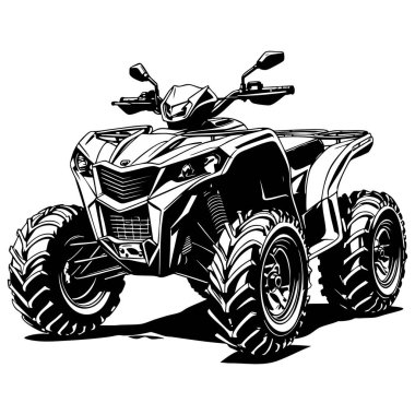 Renklendirme kitabı ürünleri ve posterleri için uygun dinamik duruş ile güçlü görünümlü atv dörtlü bisiklet çizimi