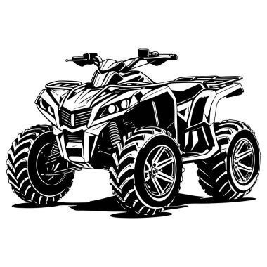 Renklendirme sayfası poster baskısı ve vektör tasarımı için uygun siyah beyaz off road atv dörtlü bisiklet illüsü