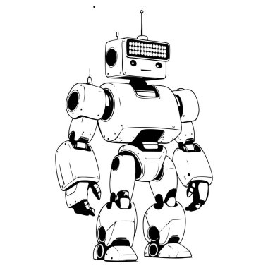 Basit yüz ifadesine ve temiz siyah çizgilere sahip asgari sevimli robot modern boyama sayfaları çıkartmaları ve eğitimsel görseller için mükemmel.