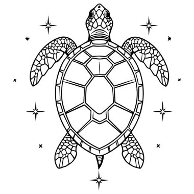 Siyah beyaz çizgili ayrıntılı deniz kaplumbağası mandala çizimi sayfa boyama, dövme ve duvar sanatı için mükemmeldir.