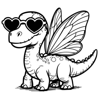 Cute dinosaur with butterfly wings and heart sunglasses illustrated in black and white for coloring pages kids fun