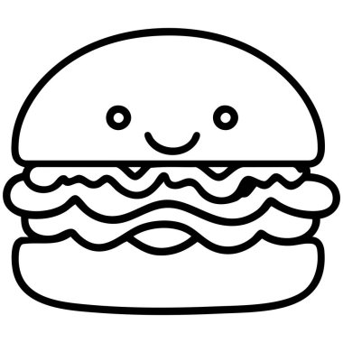 Çocuklar için kolay renklendirme sayfaları için siyah beyaz resimli, basit yüzlü sevimli kawaii burgeri.