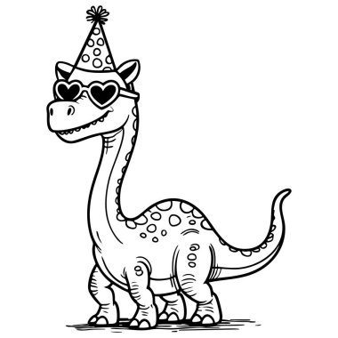 Smiling dinosaur wearing party hat and heart sunglasses drawn in clean black and white outline for kids coloring fun