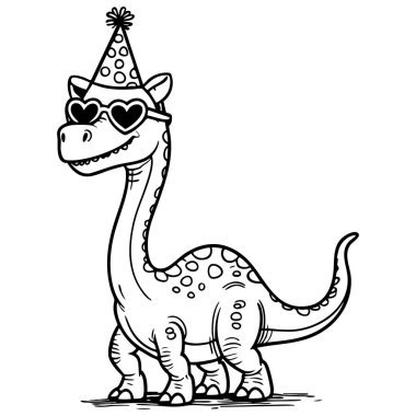 Adorable dinosaur wearing party hat and heart sunglasses illustrated in black and white for coloring fun