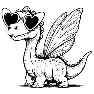 Adorable dinosaur with large fairy wings and heart sunglasses drawn in detailed black and white line art