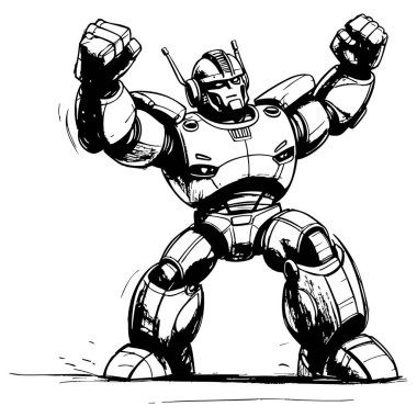 Güçlü fütüristik robot yumruklarını kaldırıyor koyu siyah beyaz mürekkep stili eylem boyama sayfaları için mükemmel.