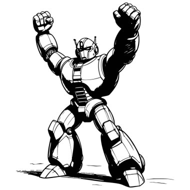 Siyah ve beyaz robot kahraman yumruklarını kaldırmış güçlü duruyor sayfa posterleri ve yaratıcı projeler için cesur mekanik karakter tasarımı yapıyor.