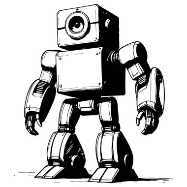 Renklendirme sayfaları için temiz siyah beyaz çizgili tek gözlü sevimli retro tarzı kutu robotu.