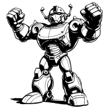Yumrukları kalkmış enerjik bilim kurgu robotu kahraman cesur siyah beyaz çizimler çizim sayfaları ve yaratıcı sanat eserleri için mükemmel