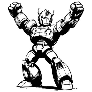 Güçlü duruşu olan dinamik meka robot savaşçı cesur siyah beyaz çizgi sanat posterleri ve bilim kurgu tasarımları için idealdir.