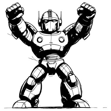 Klasik robot karakteri koyu siyah beyaz çizgi sanatında güç duruşunu gösteriyor. Kitap posterleri ve bilim kurgu temalı tasarımlar için ideal.