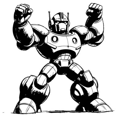 Güçlü bilim kurgu robotu yumruklarını kaldırmış siyah beyaz çizgiler çiziyor. Çizgi roman ve yaratıcı tasarımlar için ideal.