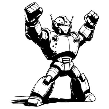Gelecekçi robot kahraman yumruklarını kaldırarak güç gösterisi yapıyor. Sayfalar ve çizgi romanlar için uygun koyu siyah ve beyaz çizimler.