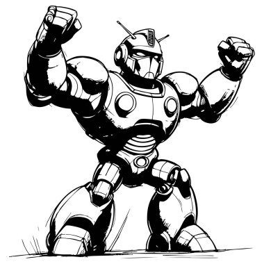 Hareketli mekanik robot yumruklarını kaldırdı boyama kitapları ve bilim kurgu sanat eserleri için cesur siyah beyaz çizgiler çizdi.