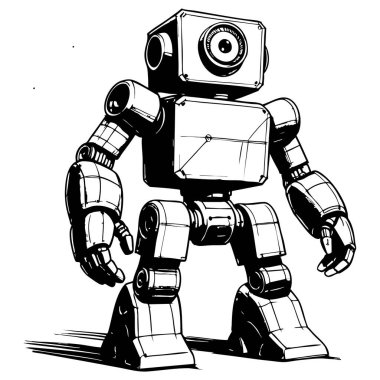 Renklendirme sayfaları modern tasarım ve yaratıcı projeler için mükemmel siyah beyaz çizgi sanatı içinde minimalist kutu başlı robot karakter