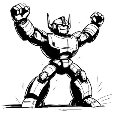 Güçlü robot kahraman zaferi yumruklarıyla kutluyor koyu siyah ve beyaz çizimler sayfaları ve posterleri boyamak için mükemmel