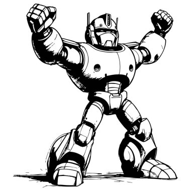 Güçlü robot kahraman yumruklarını kaldırmış siyah-beyaz çizgiler çiziyor. Çizgi roman ve bilim kurgu çizimleri için ideal.
