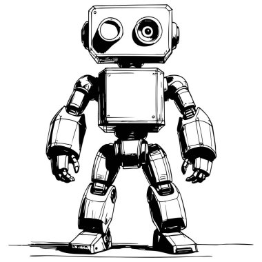 Sevimli robot dik duruyor büyük gözleri temiz siyah beyaz çizgi sanatı boyama sayfaları için mükemmel sanat ve tasarım projeleri.