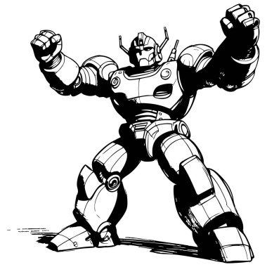 Güçlü meka robotu yumruklarını kaldırdı. Sayfalar, çizgi romanlar ve posterler için uygun koyu siyah ve beyaz çizimler yaptı.