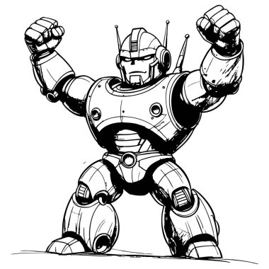 Güçlü meka robotu yumruklarını kaldırarak ayakta duruyor. Siyah beyaz çizgiler boyama sayfaları ve bilim kurgu çizimleri için mükemmel.