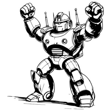 Dinamik meka robot yumruklarını kaldırarak öne eğiliyor koyu siyah beyaz çizimler boyama sayfaları ve bilim kurgu sanatı için ideal.