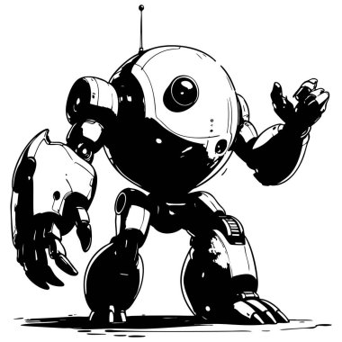Sevimli tek gözlü robot yükseltilmiş elleriyle renkli sayfalar ve yaratıcı sanatlar için uygun siyah ve beyaz çizimlere sahip.