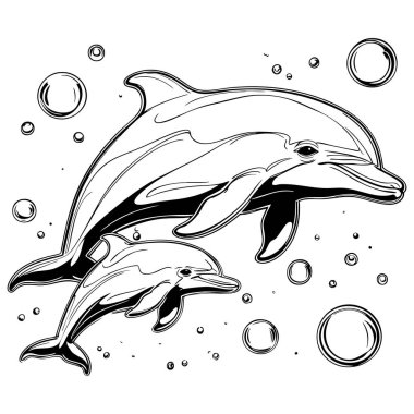 Çocuk boyama sayfaları için mükemmel köpüklerle birlikte yüzen iki yunusun temiz siyah beyaz çizimi