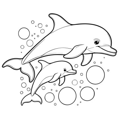 Siyah ve beyaz çizgiler boyama kitapları için ideal kabarcıklarla suyun altında yüzen iki yunus çizimi