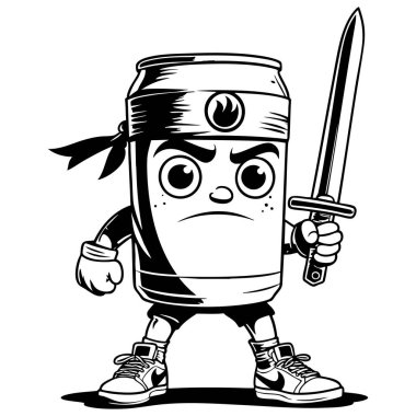 Şirin ama ciddi bir soda kutusu. Ninja kalın siyah beyaz çizgili bir kılıç tutuyor.