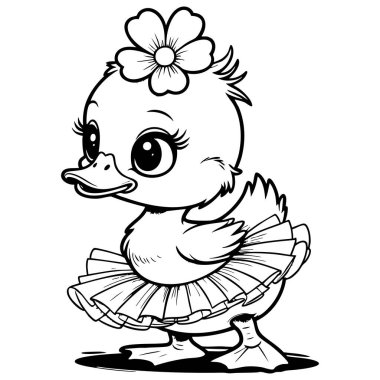 Tatlı ördek, çocuklar için tasarlanmış bale eteği giyiyor sayfaları boyuyor ve yaratıcı oyunlar oynuyor.