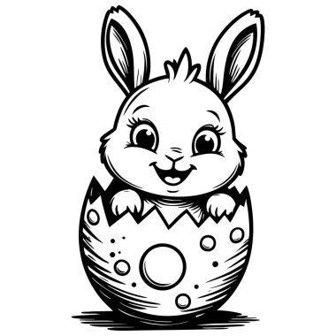 Gülümseyen bebek tavşancık kırık yumurtanın içinde güzel çizgiler çizerek oturuyor.